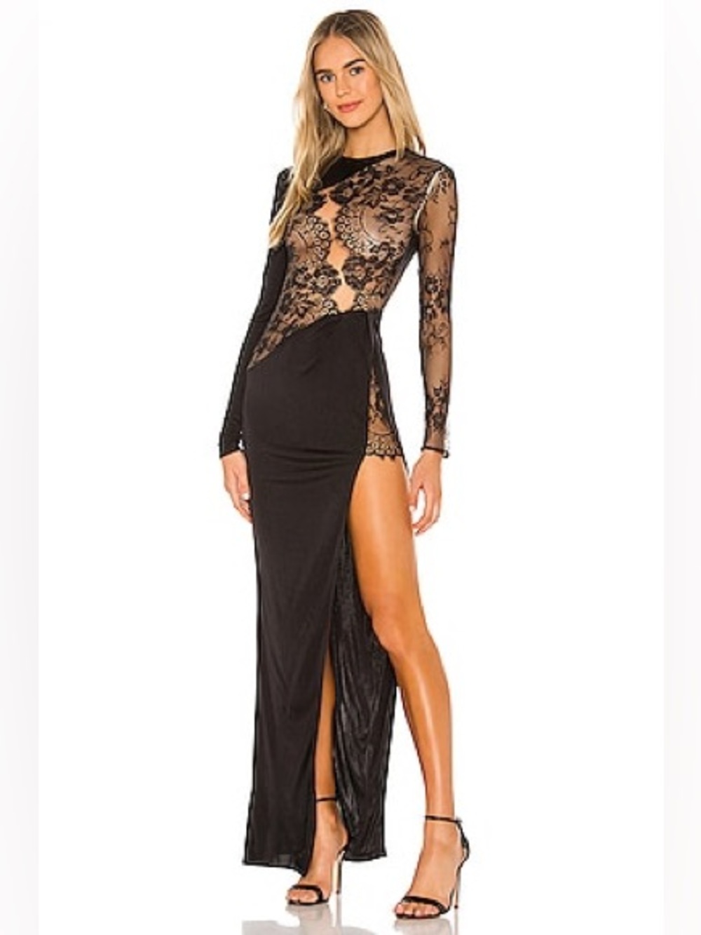 Michael Costello Black Lace-Detail Long Sleeve Maxi Dress